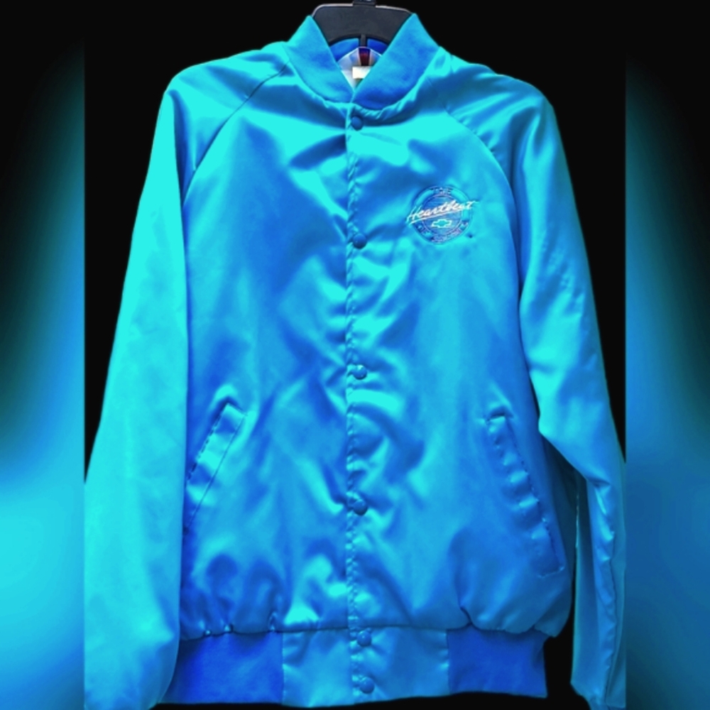 Chevy West Ark made in the USA, Vintage, 80s, teal satin snap up Jacket, unisex